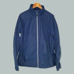 Trimark Men's Jacket Size M Flint Lightweight Hideaway Hood Navy Blue Full Zip